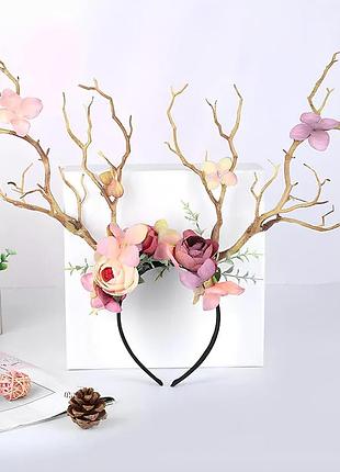 Обруч с цветами и рогами . ободок с пионами и рогами. обруч с орхидеями, пионами и ветвями деревьев в yousf