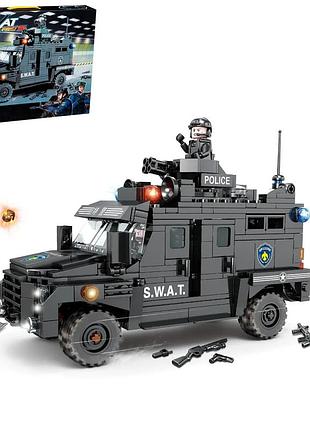 Конструктор полицейская машина броневик 487 деталей на батарейках с подсветкой мигалки звук сирены и 2 фигурки