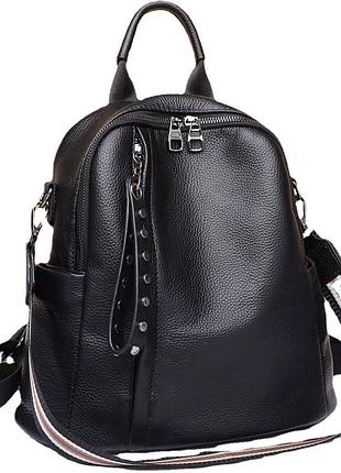 Кожаный классический женский рюкзак 26х32х15, плечевая сумка со многими отделениями, черная