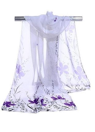 Женский шарф с сиреневыми цветочками - размер шарфа приблизительно 145*48см, шифон