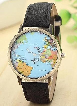Наручные часы с картой мира и летающим самолетом 4см крепкий ремешок!