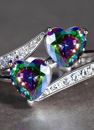 Каблучка бренду beiver з подвійним сердечком веселковим цирконовим камінням та з родієвим покриттям, розмір