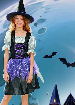 Детское платье со шляпой ведьма на хеллоуин m 7-10 лет фиолетовый