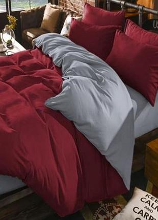 Постельное белье на резинке евро-полуторный поплин люкс микс бургунд+циркон moonlight