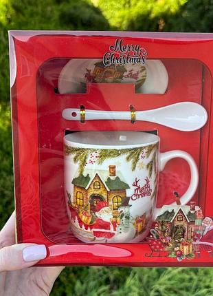 Чашка с блюдцем и ложечкой "merry christmas" в подарочной упаковке, 350 мл