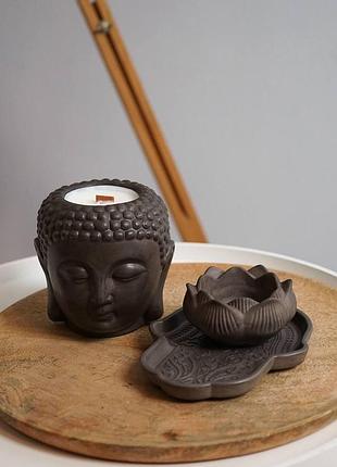 Комплект дзен с соевой свечой с эфирными аромамаслами в гипсовом кашпо будда без аромату