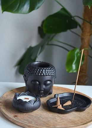 Комплект будда с ароматической соевой свечой в кашпо в ручной работы сotton