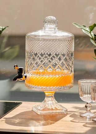 Лимонадниця скляна glass 4,5 л на квадратній ніжці – товсте скло з кришкою та пластиковим краником