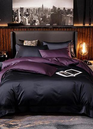 Постельное белье дуэт black/violet flower premium premium сатин однотон meriset - семейный на резинке двуспальный