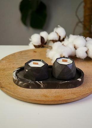 Набор ароматических соевых свечей в гипсовых кашпо mini в технике marble на подставке сotton