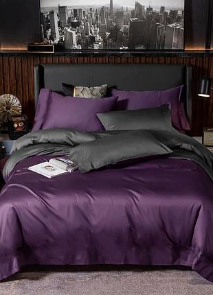 Постельное белье дуэт violet flower/anthracite premium premium сатин однотон meriset - семейный на резинке евро