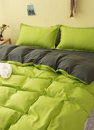 Постельное белье дуэт фисташка/темный хаки ранфорс meriset - семейный на резинке двоспальний на резинці