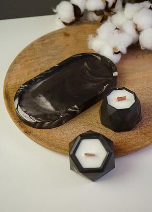 Набор ароматических соевых свечей в гипсовых кашпо mini в технике marble на подставке сaramel popcorn