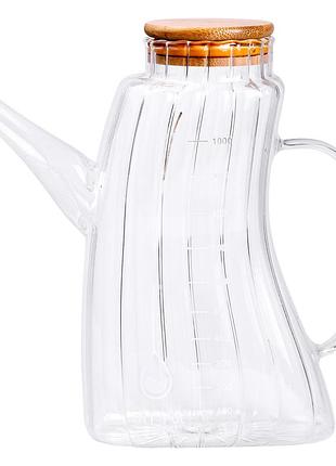 Стеклянная бутылка для масла 1 л с ручкой и бамбуковой крышкой hp-34-3
