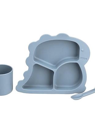 Дитячий набір силіконового посуду чашка/тарілка з трьома секціями/ложка синій hp34545bl