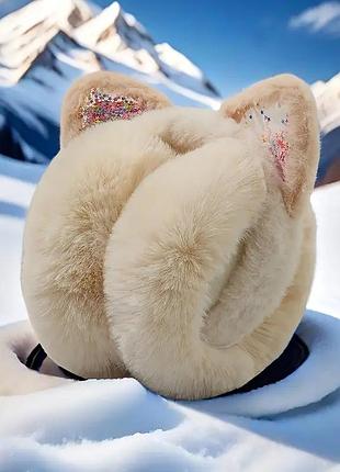 Теплі навушники вушка котика з паєтками бежеві