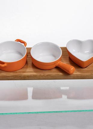 Набор менажниц фарфоровых 3 (шт) по 50 (мл) на бамбуковой подставке оранжевый hz001-o