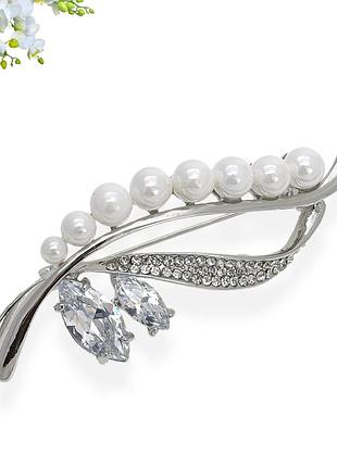 Брошка сріблястого кольору конвалія з перлинами аrkos довжина 61 мм