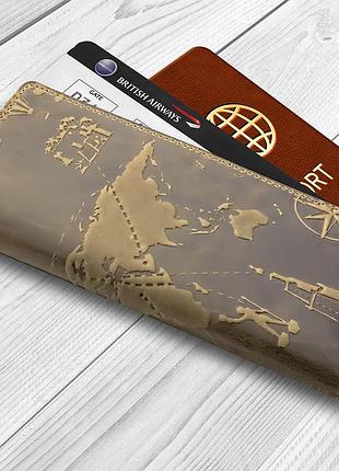 Дизайнерский бумажник на 14 карт с натуральной кожи оливкового цвета с художественным тиснением "7 wonders of