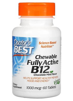 Doctor's best, активный витамин b12, шоколад и мята, 1000 мкг, 60 жевательных таблеток