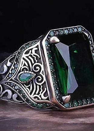 Чоловіча срібляста каблучка з зеленим каменем, розмір 20,21