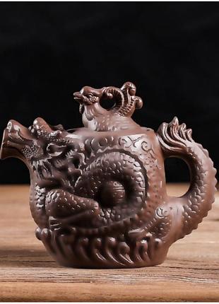 Чайник "дракон феникс" коричневый 450 мл, заварочный чайник глиняный
