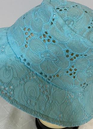 Подростково-женская кружевная ажурная панама из хлопковой прошвы бирюзовый 54 см