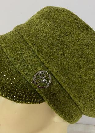 Картуз кепка з кашеміру козирок з камінням 56-58 зелена гірчиця