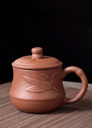 Чашка заварювальна з кришкою глиняна бамбук червона 150 мл. кухоль заварник із ісиній глини