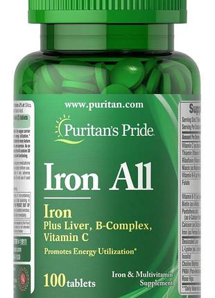 Железо, iron all iron, puritan's pride, 100 таблеток