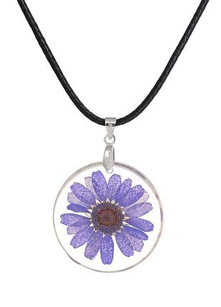 Ожерелье, подвеска, шнур, кулон - цветок, фиолетовый, прозрачный, круглый, 46 см