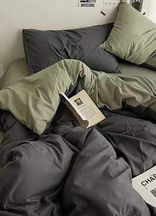 Постельное белье дуэт антрацит/темный хаки ранфорс meriset - семейный на резинке полуторный