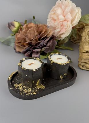 Набор ароматических соевых свечей в гипсовых кашпо mini 2.0 с золотым декором 2шт sensual vetiver