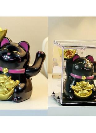 Кішка манекі-неко махнуча лапою чорний (h-6 см) на сонячній батарейці, сувеніри подарунки феншуй