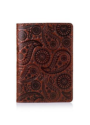 Оригинальная дизайнерская кожаная обложка для паспорта ручной работы коньячного цвета