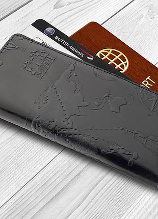 Темно синій гаманець з натуральної глянсової шкіри на 14 карт, колекція "7 wonders of the world"