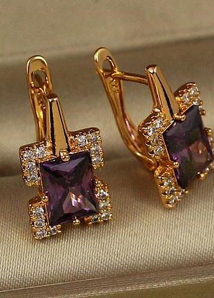 Серьги xuping jewelry экран с фиолетовым камнем 1,7 см золотистые