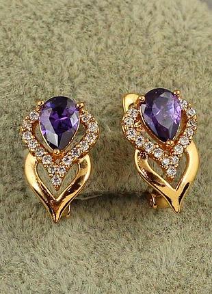 Серьги xuping jewelry перина с фиолетовым камнем 1,6 см золотистые