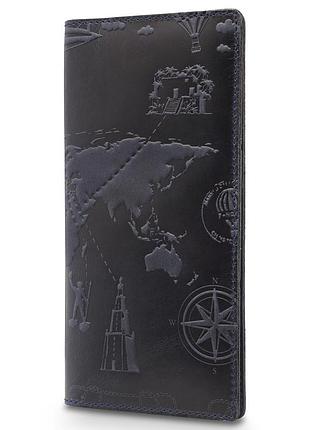 Красивый синий кожаный бумажник, художественное тиснение "7 wonders of the world"