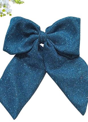 Шпилька автомат для волосся бант блискучий бірюзовий люрекс hand made 14х16см