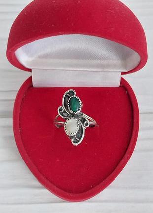 Кольцо винтаж малахит и перламутр 16 - 16.5 размер в серебре индия!