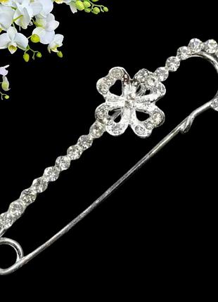 Брошка-шпилька металева зі стразами квітка fashion довжина 70 мм