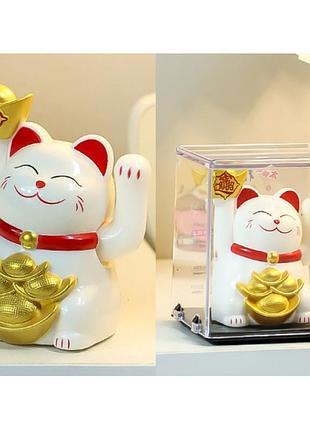 Кошка манэки-нэко машущая лапой белый (h-6 см) на солнечной батарейке, сувениры подарки феншуй