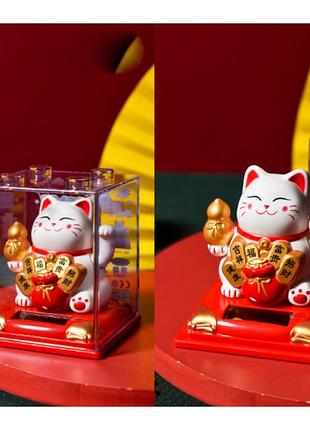 Кошка манэки-нэко машущая лапой с улоу белый (h-9 см) на солнечной батарейке, сувениры подарки феншуй