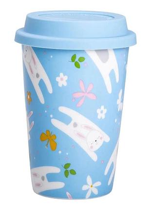 Фарфоровый стакан с силиконовой крышкой и отверстием для трубочки 420 мл голубой rx-n240546bl