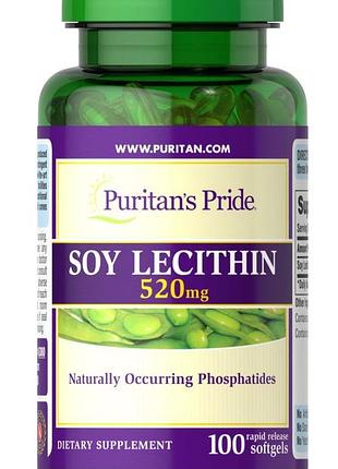 Лецитин из сои, soy lecithin, puritan's pride, 520 мг, 100 гелевых капсул