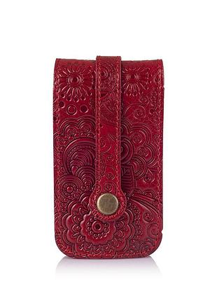 Красивая кожаная ключница красного цвета, коллекция "mehendi art"