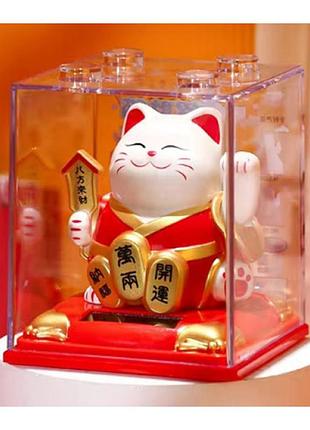 Кошка манэки-нэко машущая лапой красный (h-6 см) на солнечной батарейке, сувениры подарки феншуй
