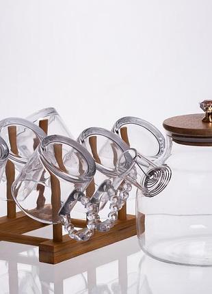 Чайный сервиз 8 предметов: стеклянный чайник 1 л с бамбуковой крышкой и 6 чашек на подставке