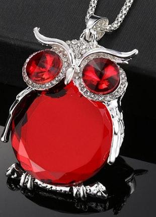 Кулон женский красная "сова" - длина цепочки 68см, кулон 4*5см, сплав